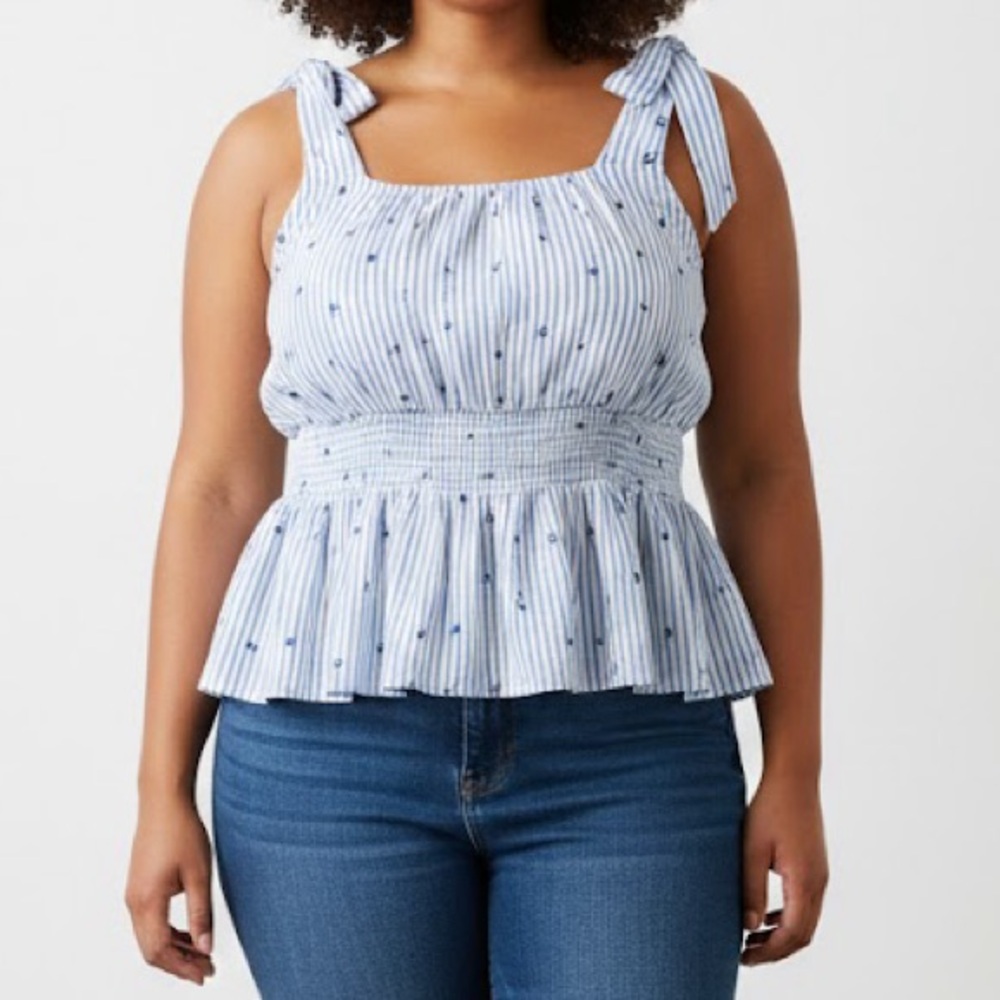 Mixed Threads Blue Striped Floral Peplum Blouse 1X